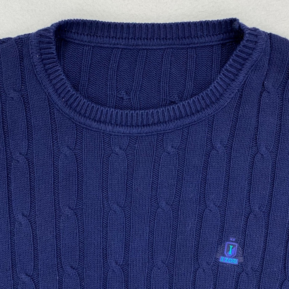 Vintage IZOD Fisherman Sweater Mens L Blue Cable Knit Cotton Chunky 90s Crewneck